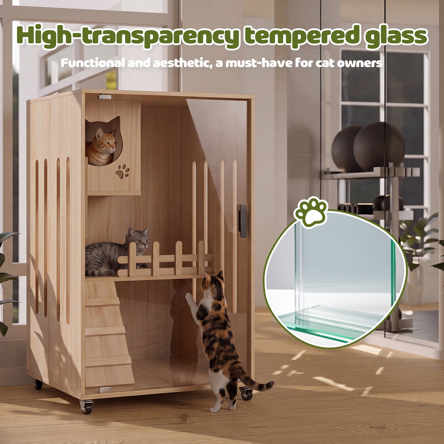 Advwin Large Wooden Cat Enclosure with Wheels & Glass Doors