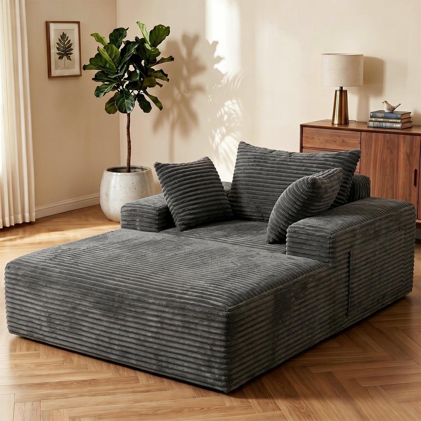 Advwin 132cm Corduroy Chaise Lounge Chair with Cushion