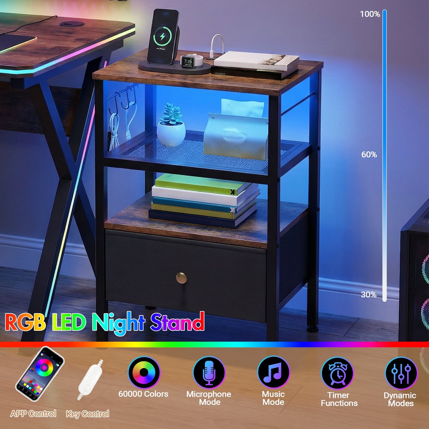 Advwin 3-Tier Bedside Table with Fabric Drawer and Lights