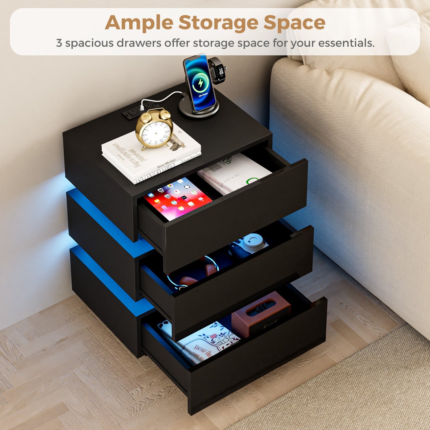 Advwin Bedside Table 3 Drawers With with Charging Station