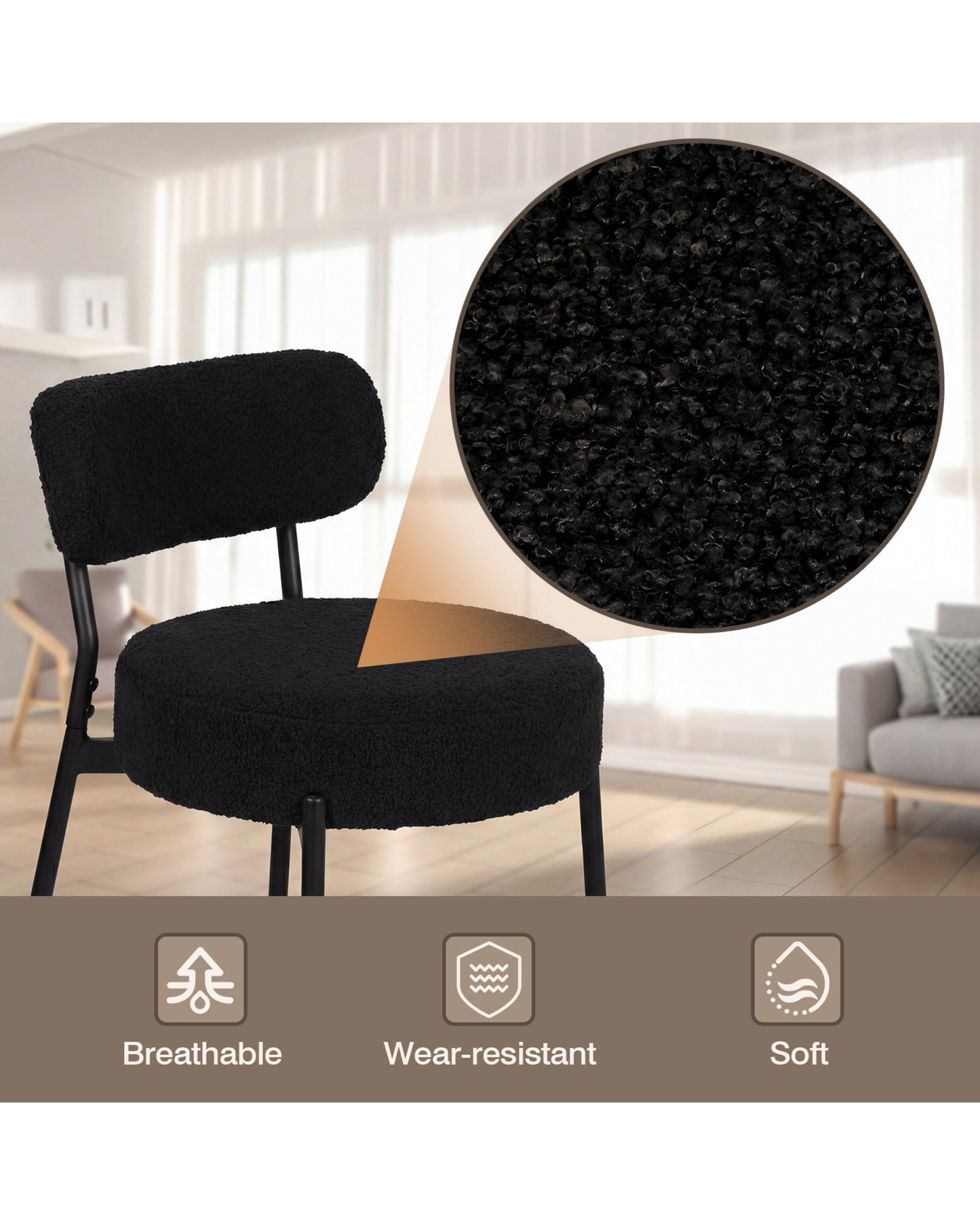Advwin Bar Stools Set 2 Boucle Kitchen Counter Black