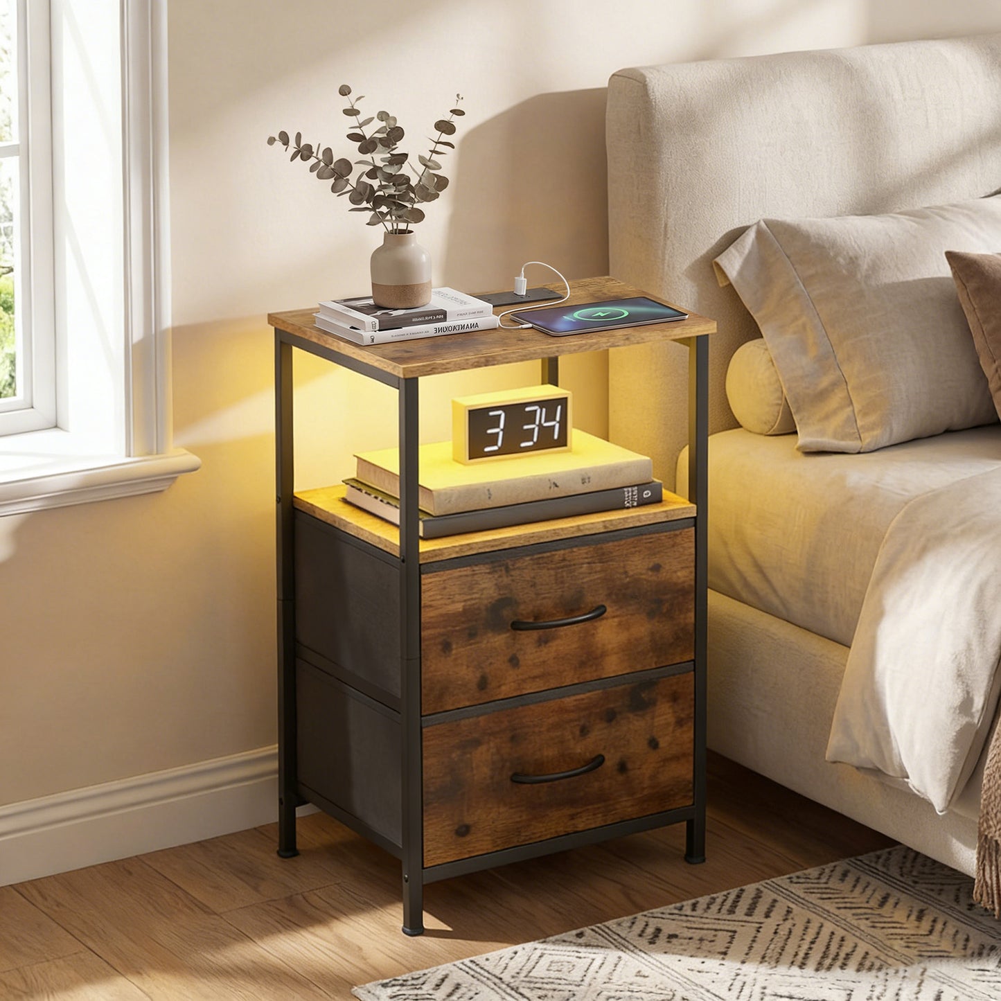 Advwin LED Bedside Table with 2 Fabric Drawers