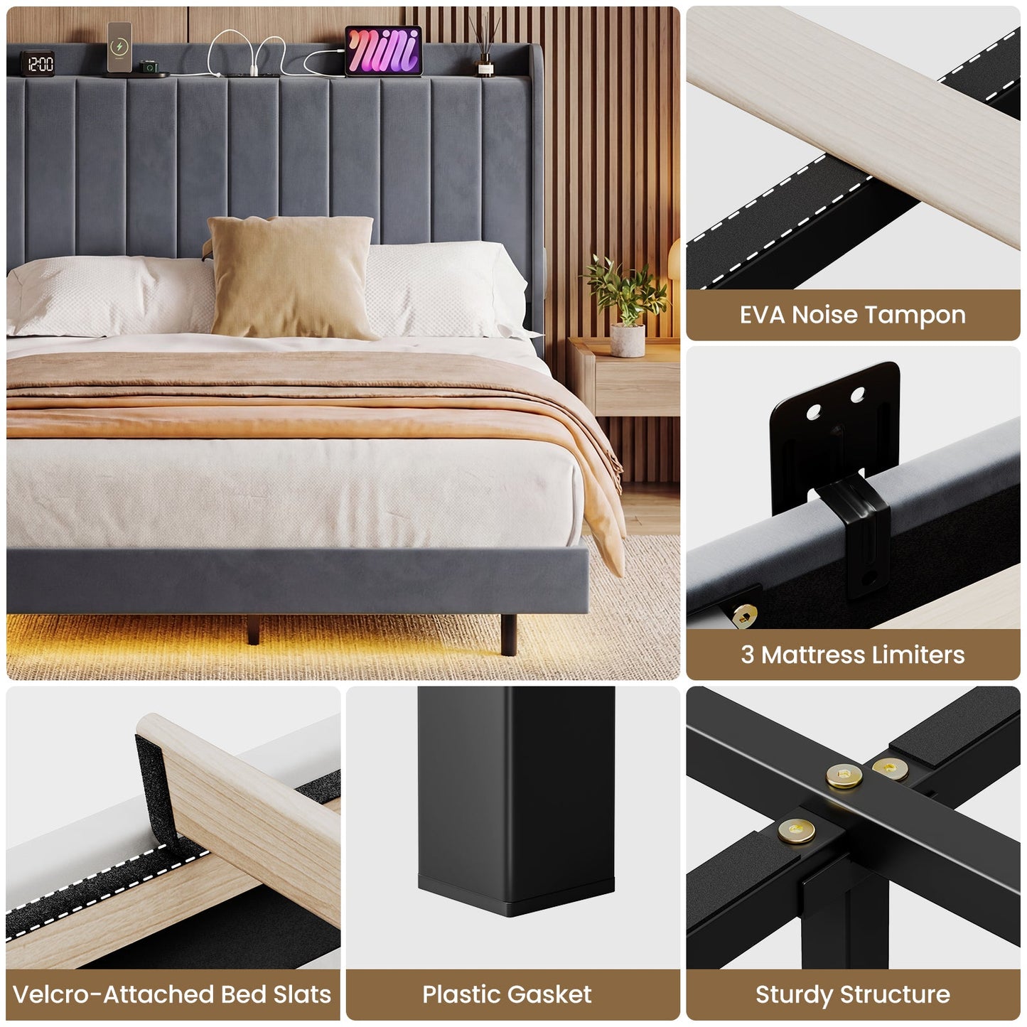 Advwin Velvet Floating Bed Frame with RGB LED