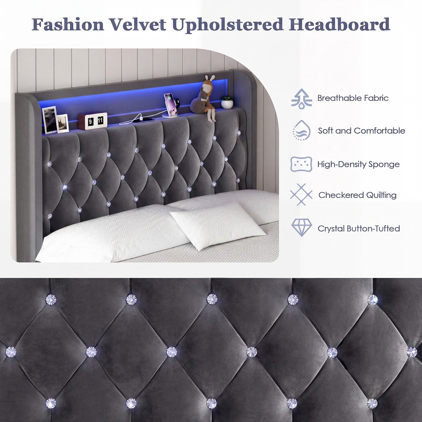 Advwin LED Bed Frame with Velvet Upholstered Headboard