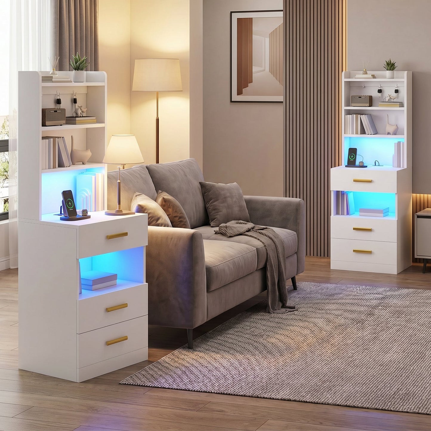 Advwin Set of 2 Tall Bedside Table with Charging Station