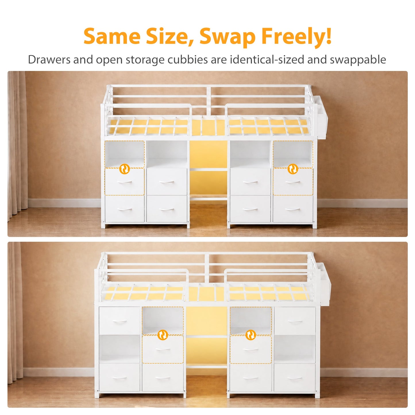 Advwin Low Loft Bed Frame with 8 Drawers & LED Light