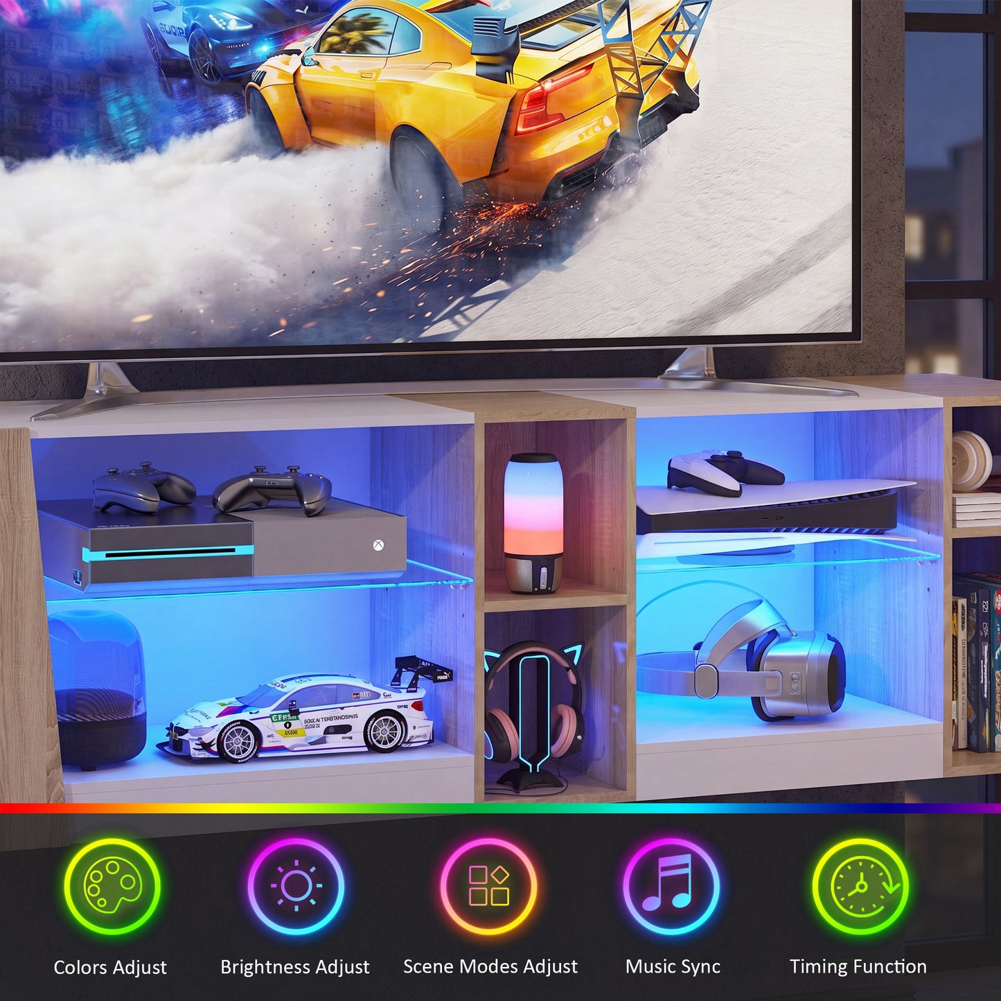 Advwin 160cm LED TV Unit with Adjustable Glass Shelves