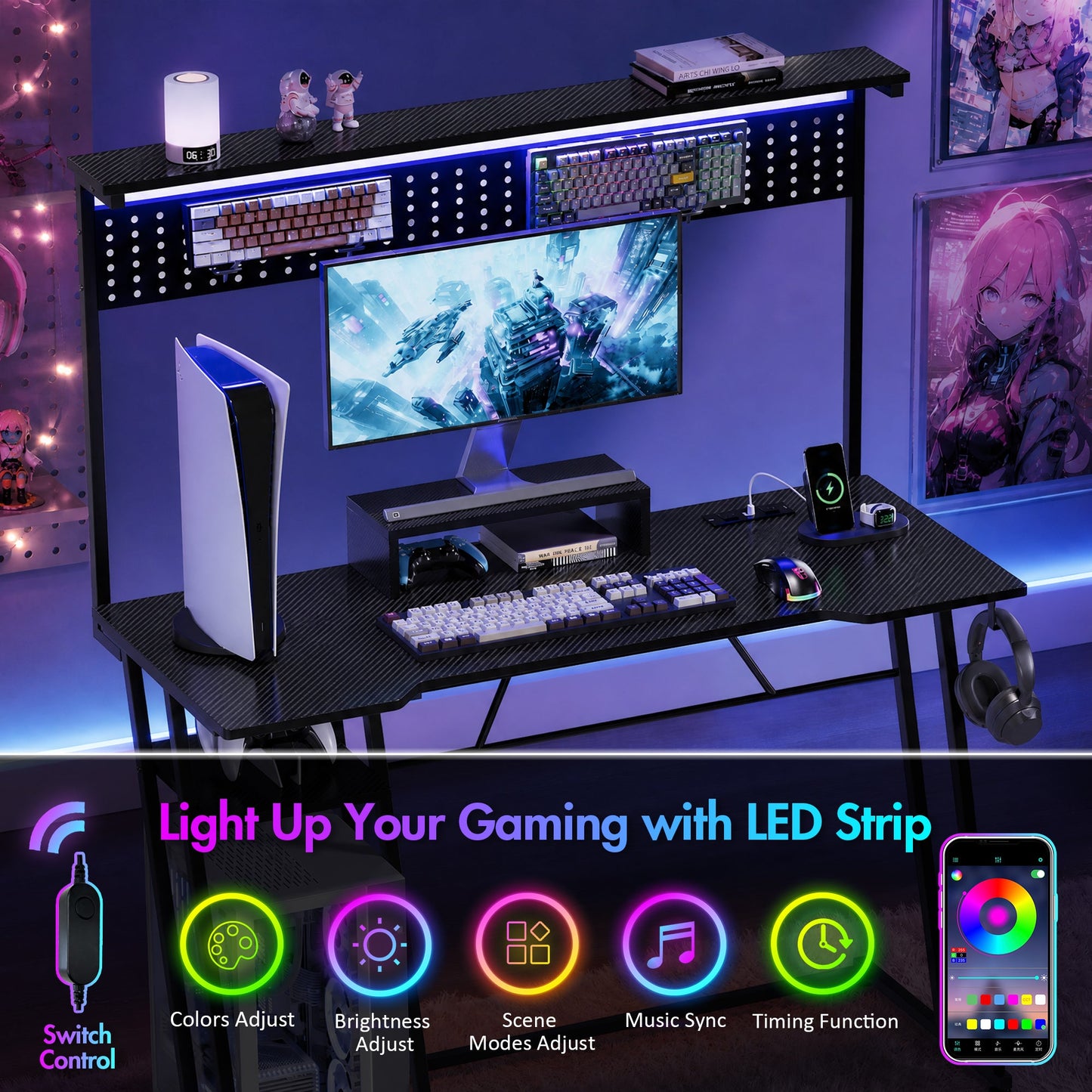 Advwin 120cm LED Gaming Desk w/ Movable Monitor Stand