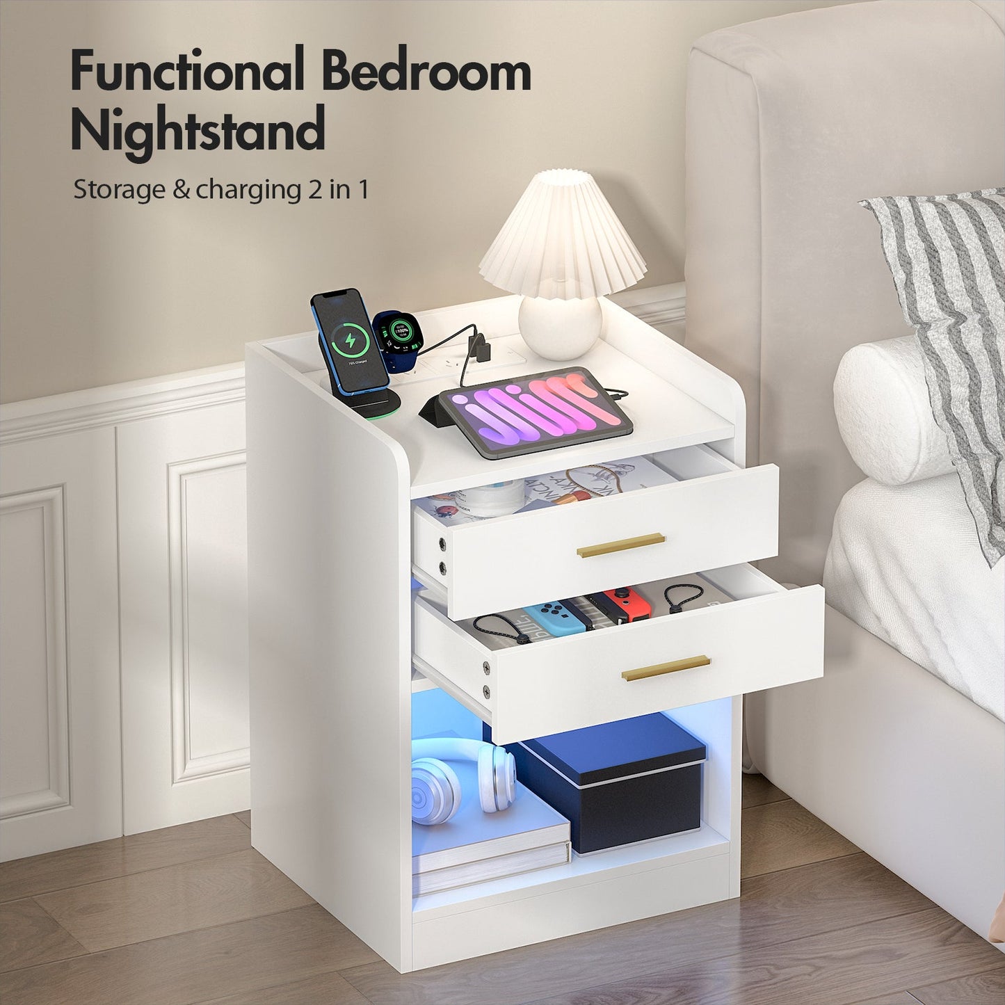 Advwin LED Bedside Table with Charging Station Set of 2