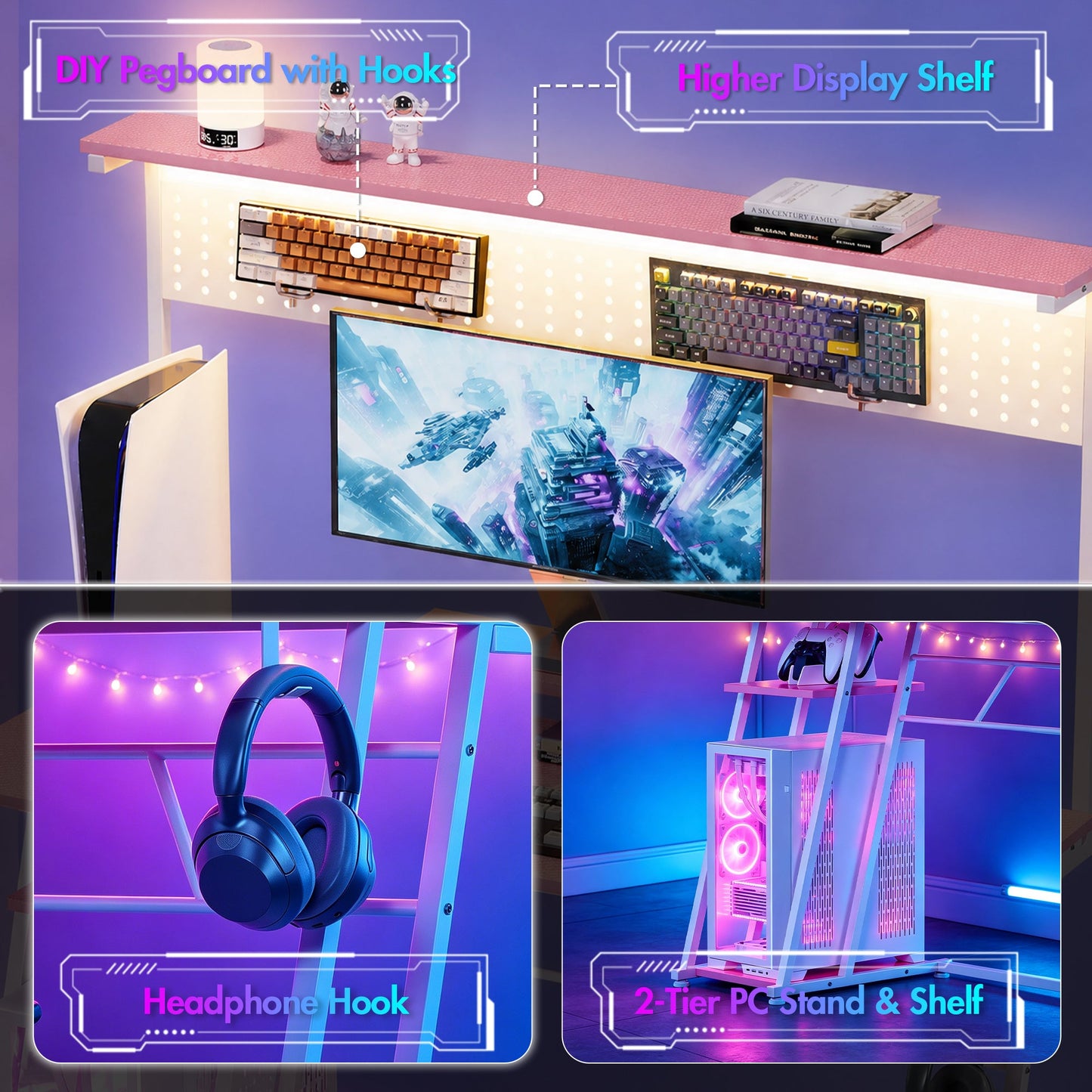 Advwin 120cm LED Gaming Desk w/ Movable Monitor Stand