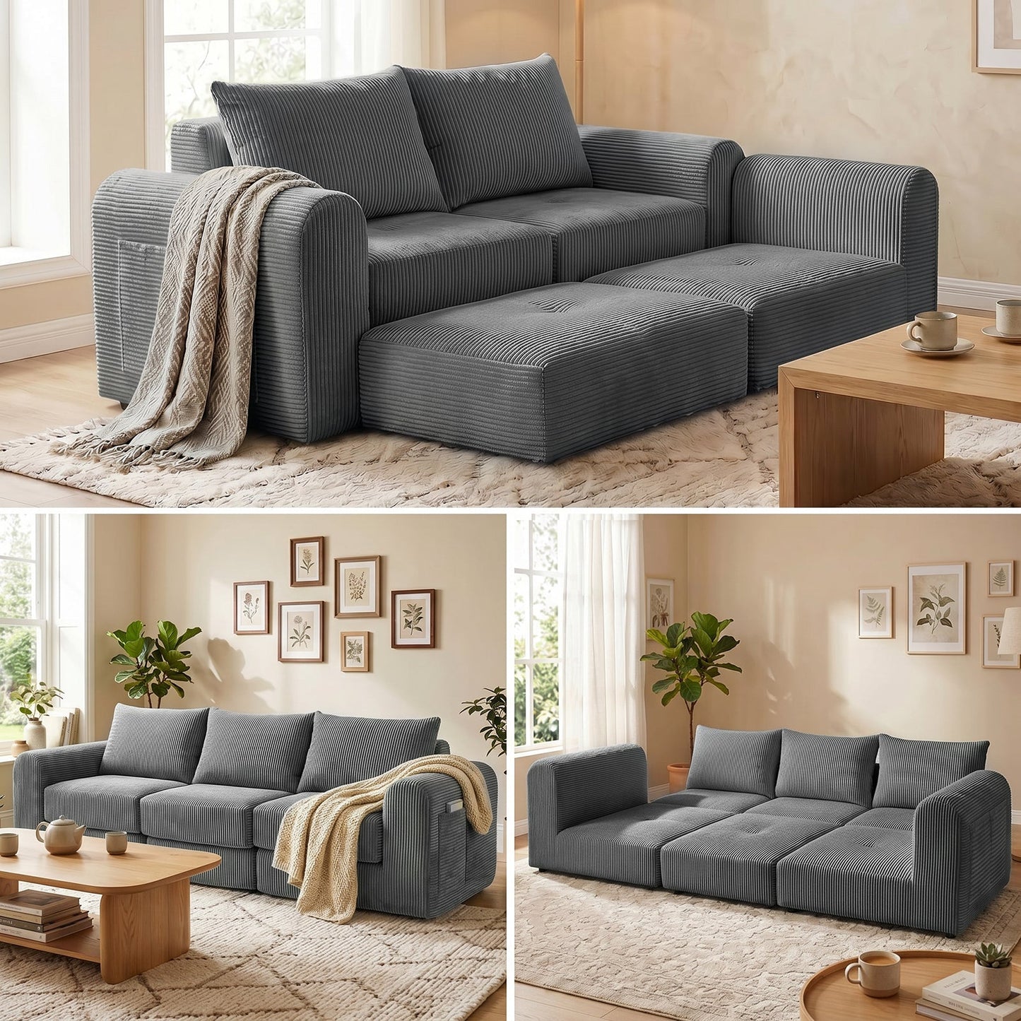 Advwin 235cm Corduroy 3-Seater Modular Sofa Bed