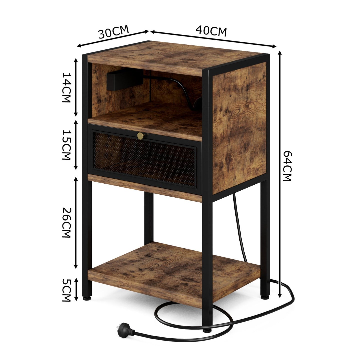Advwin Bedside Table w/ Metal Mesh Drawer