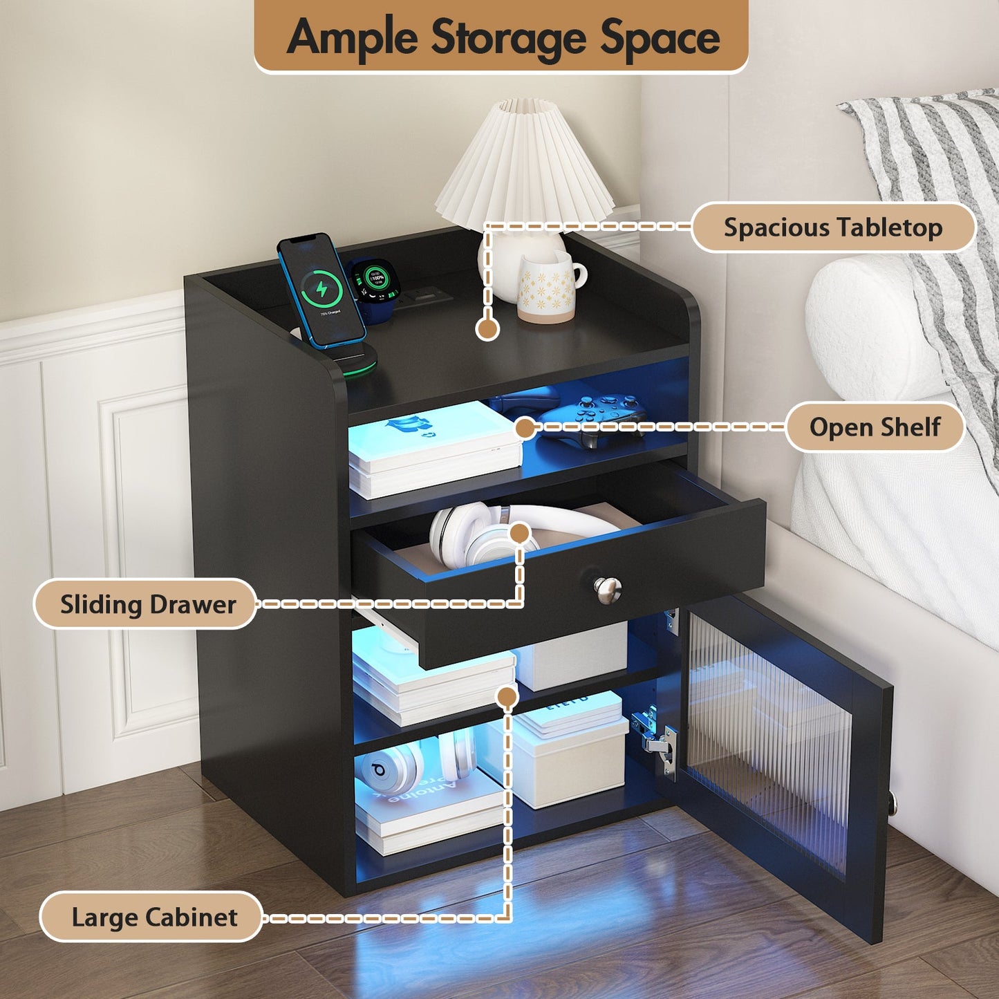 Advwin Bedside Table with Charging Station & LED Light