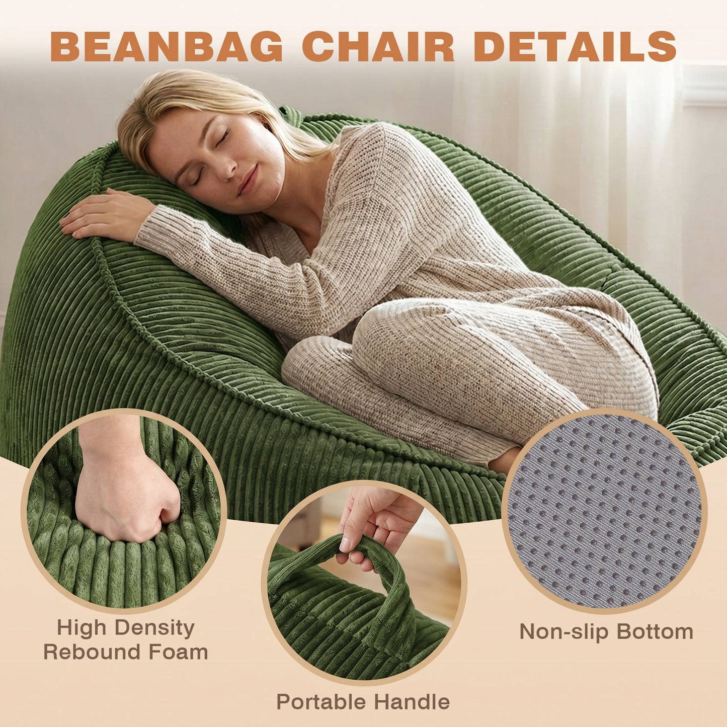Advwin 90*92cm Corduroy Beanbag Sofa with Backrest