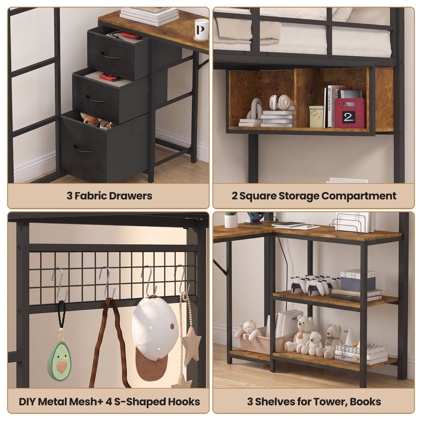 Advwin LED Loft Bed Frame w/ L-Shaped Desk & Charging Station