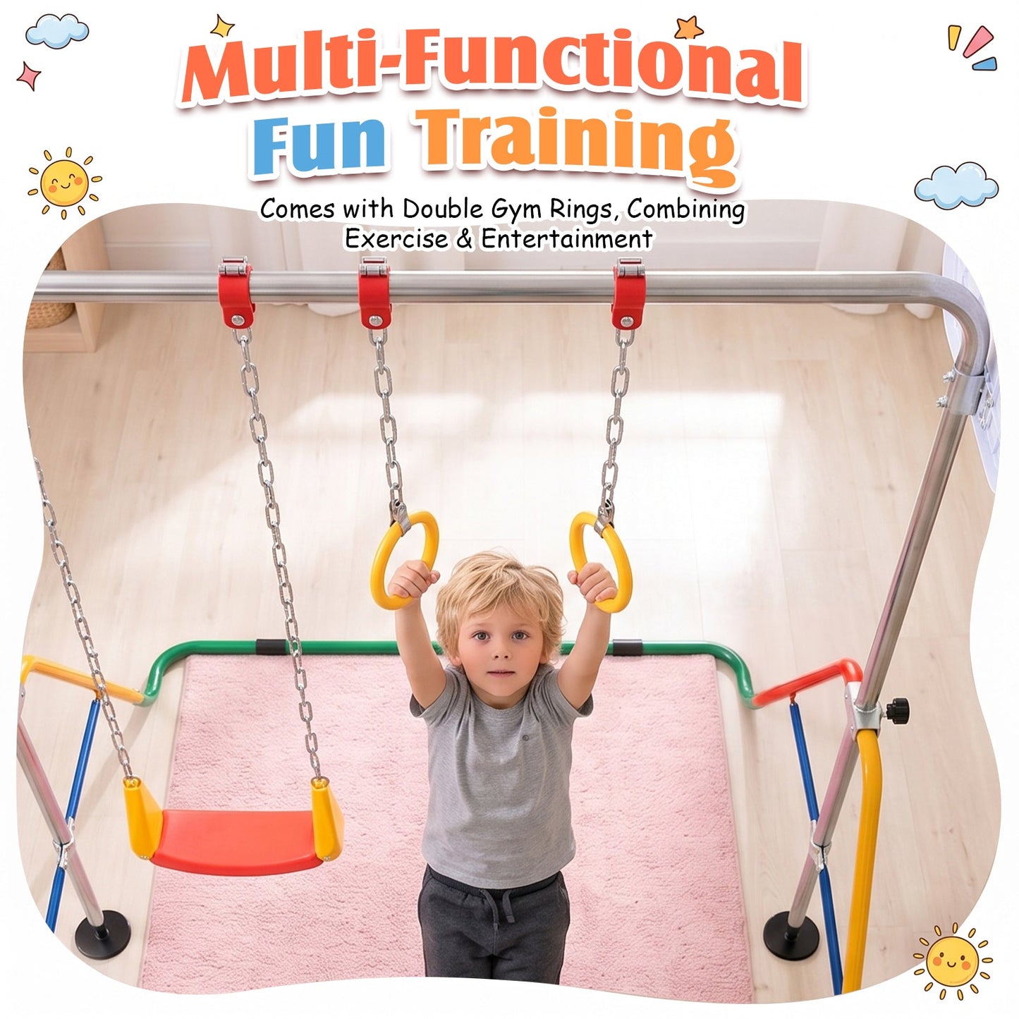 Advwin Kids Foldable Gymnastics Bar with Basketball Hoop & Swing