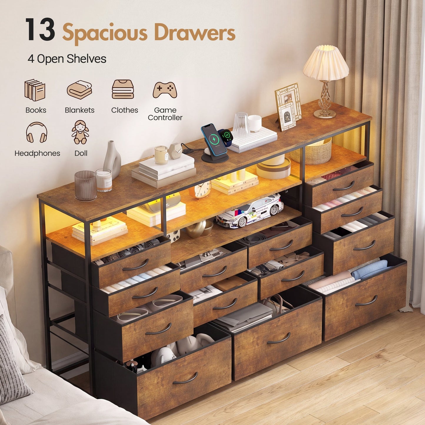 Advwin 13 Fabric Drawer Dresser with Charging Station