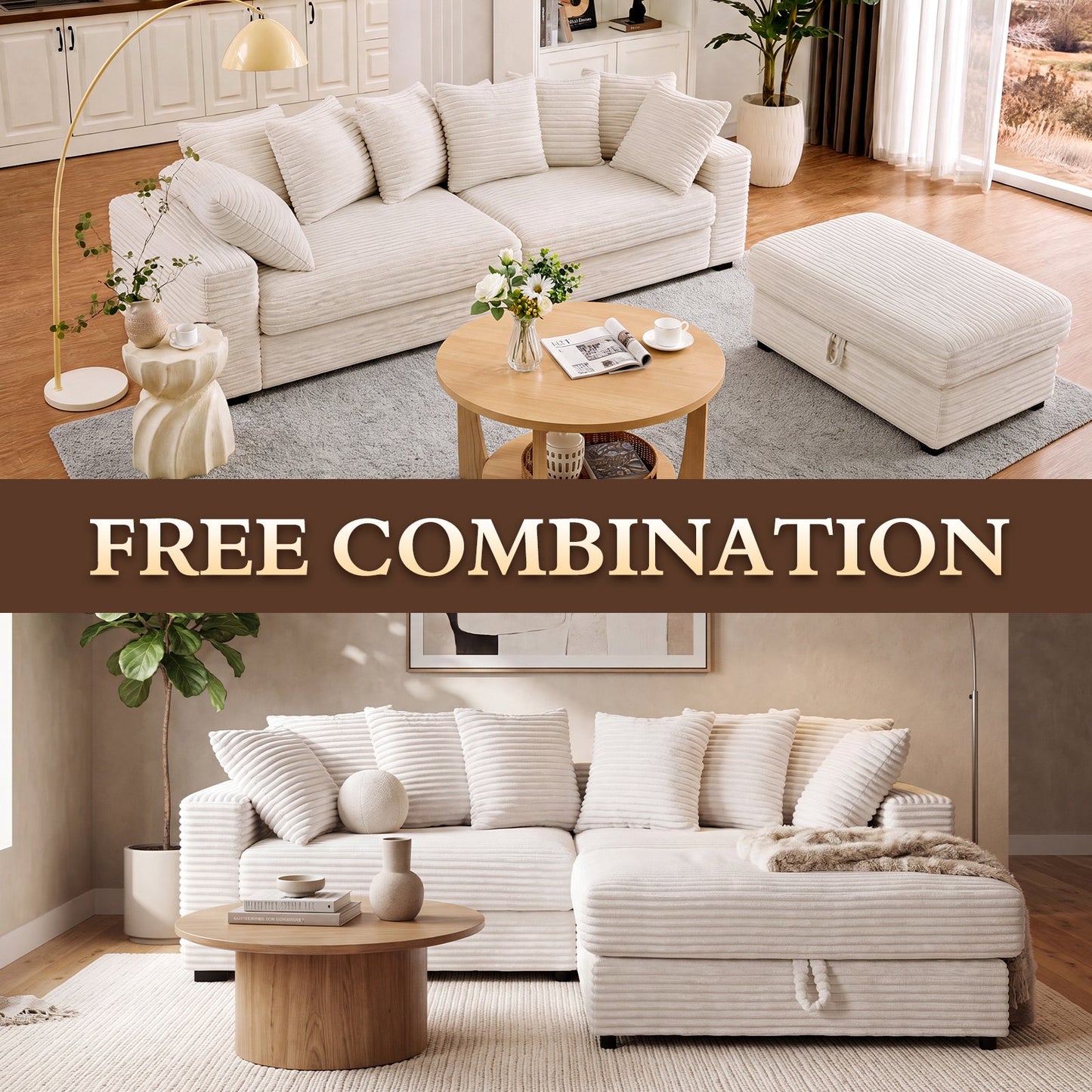 Advwin 228cm L-Shaped Modular Cloud Sofa w/ Storage Ottoman