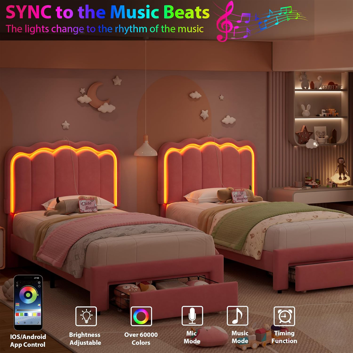 Advwin King Single LED Velvet Bed Frame Pink