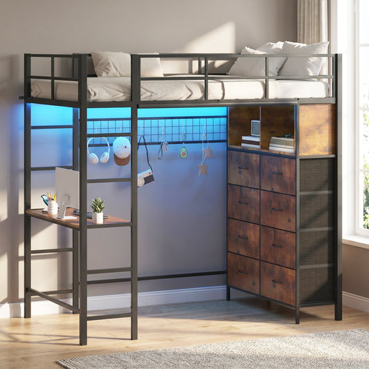 Advwin Metal Loft Bed Frame with LED & Desk (Pre-Order)