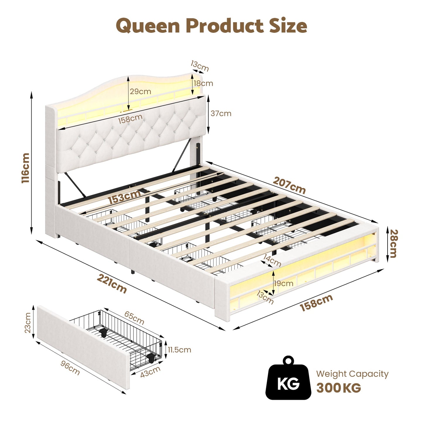 Advwin Princess Bed Frame w/ Charging Station & 4 Drawers