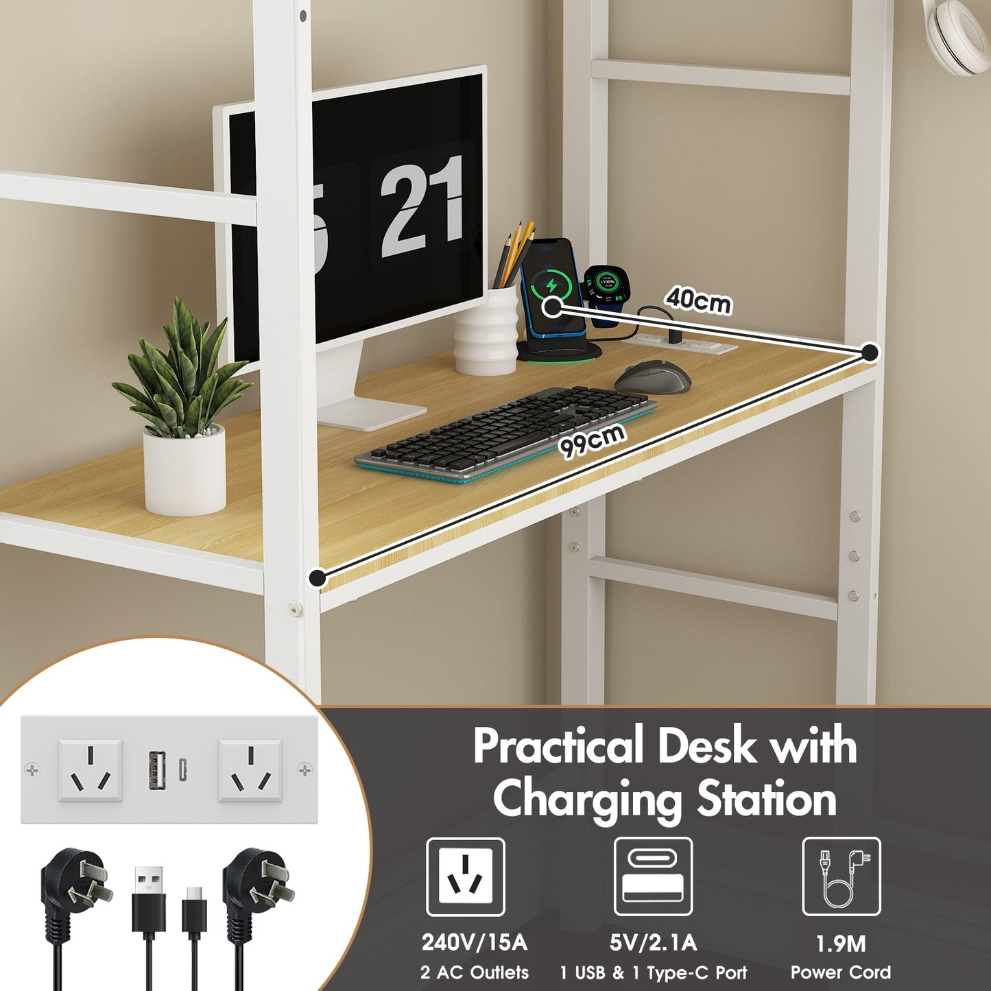 Advwin Metal Loft Bed Frame with Desk & Charging Station