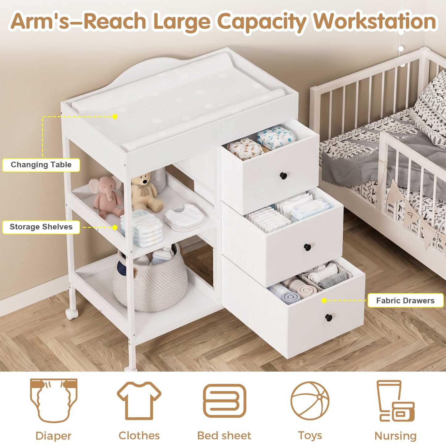 Advwin Baby Change Table with Casters & Drawers
