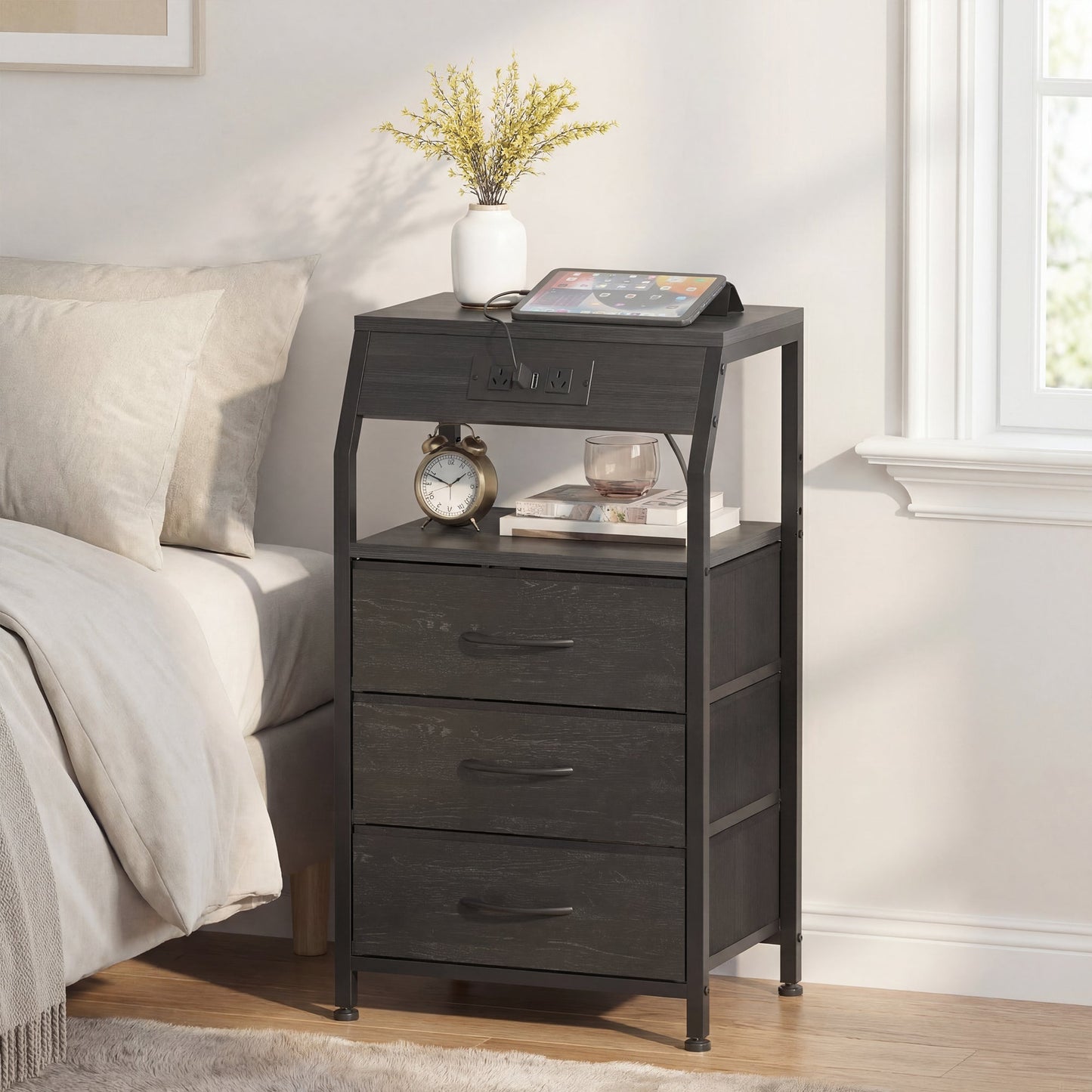 Advwin Bedside Table with 3 Drawers and Charging Station