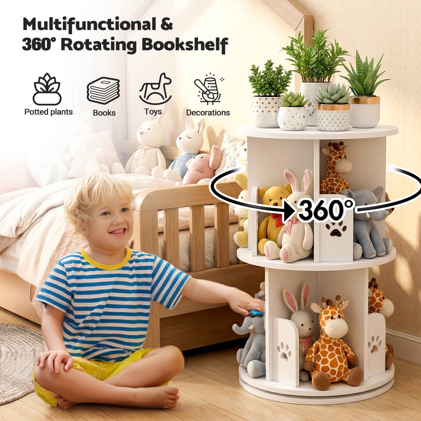 Advwin 2-Tier Rotating Bookshelf Wooden Bookcase
