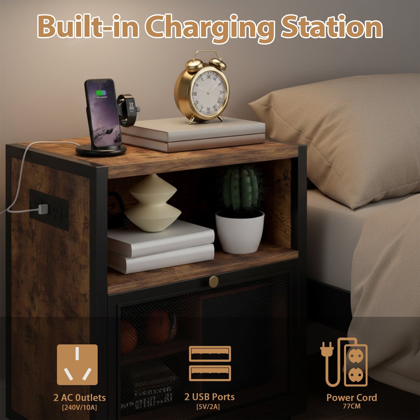 Advwin Bedside Table w/ Metal Mesh Drawer