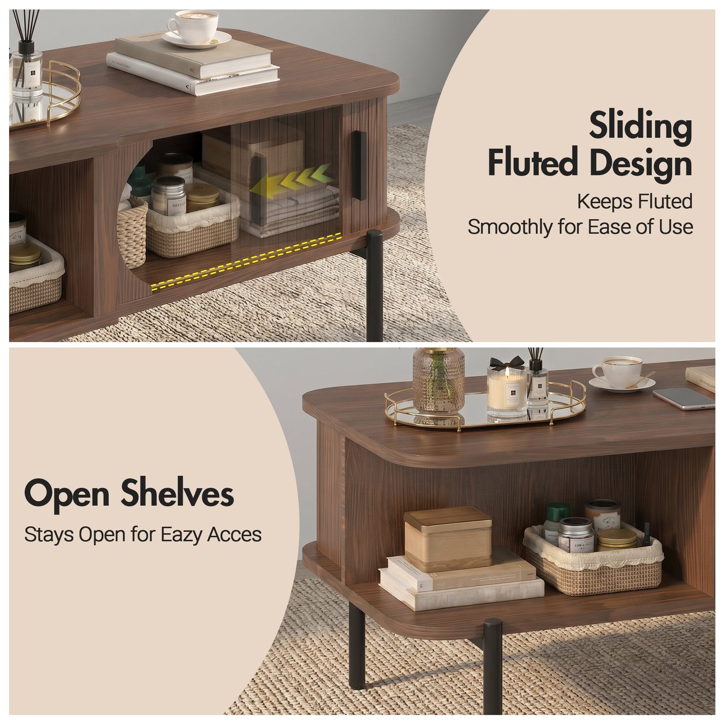 Advwin Fluted Coffee Table with Hidden Storage Walnut