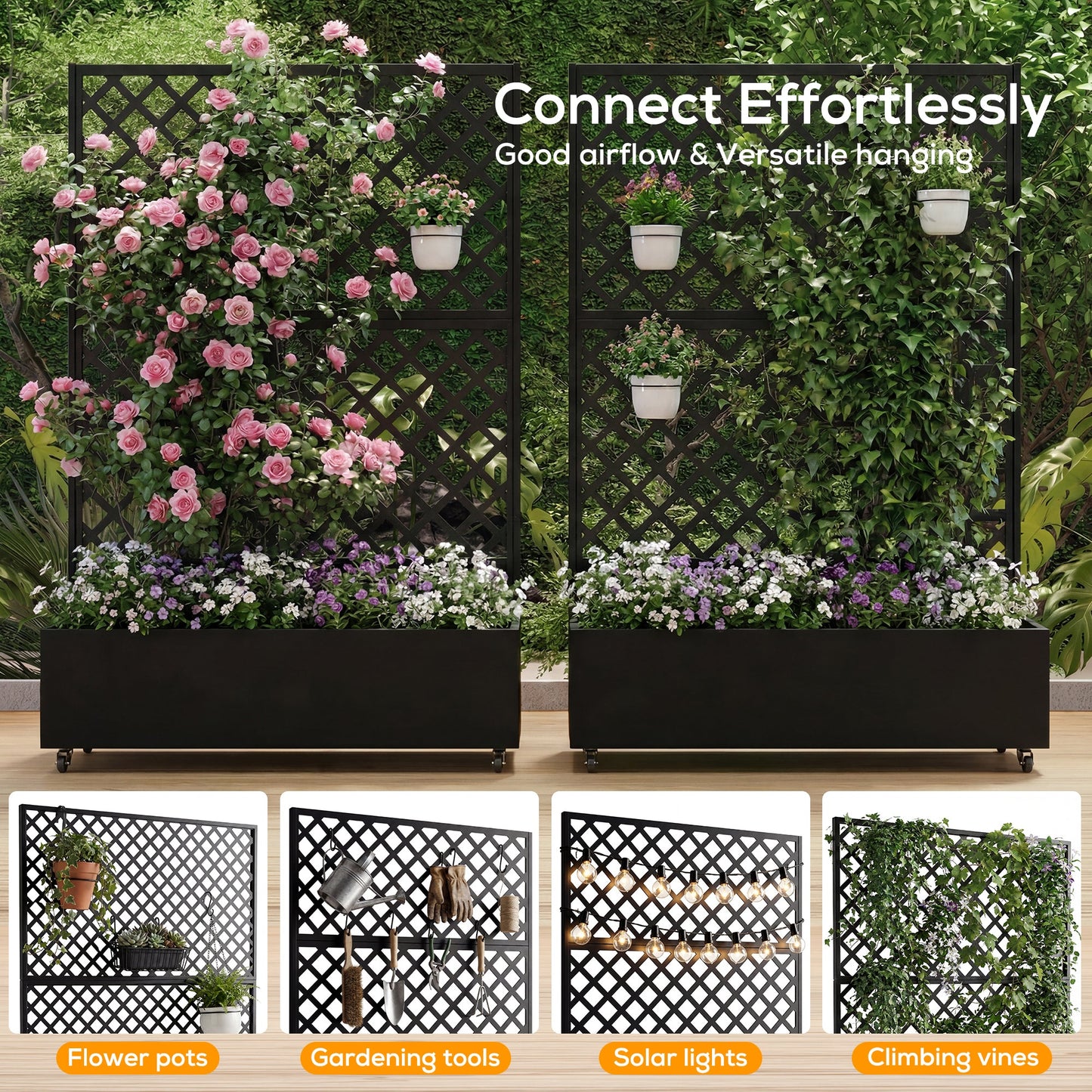 Advwin Planter Box Privacy Screen with Trellis & Wheels