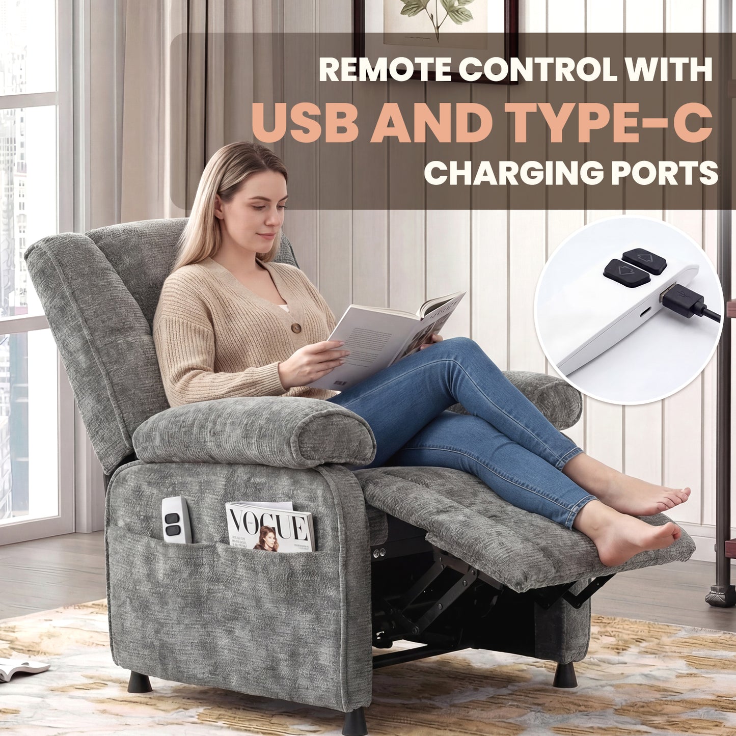 Advwin Recliner Chair Electric Adjustable backrest and footrest Grey