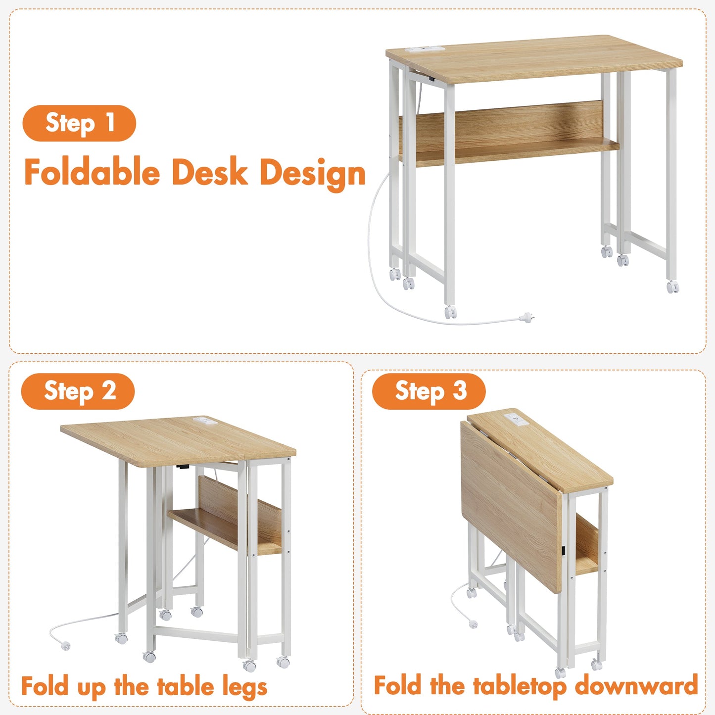 Advwin 80cm Folding Computer Desk w/ Charging Station & Shelf