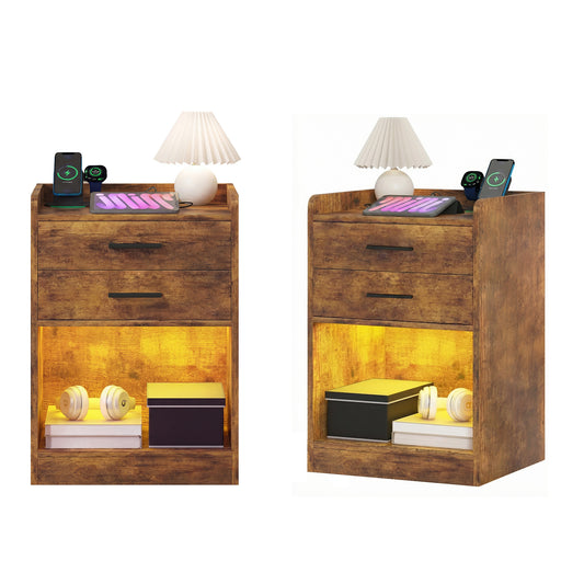 Advwin LED Bedside Table with Charging Station Set of 2