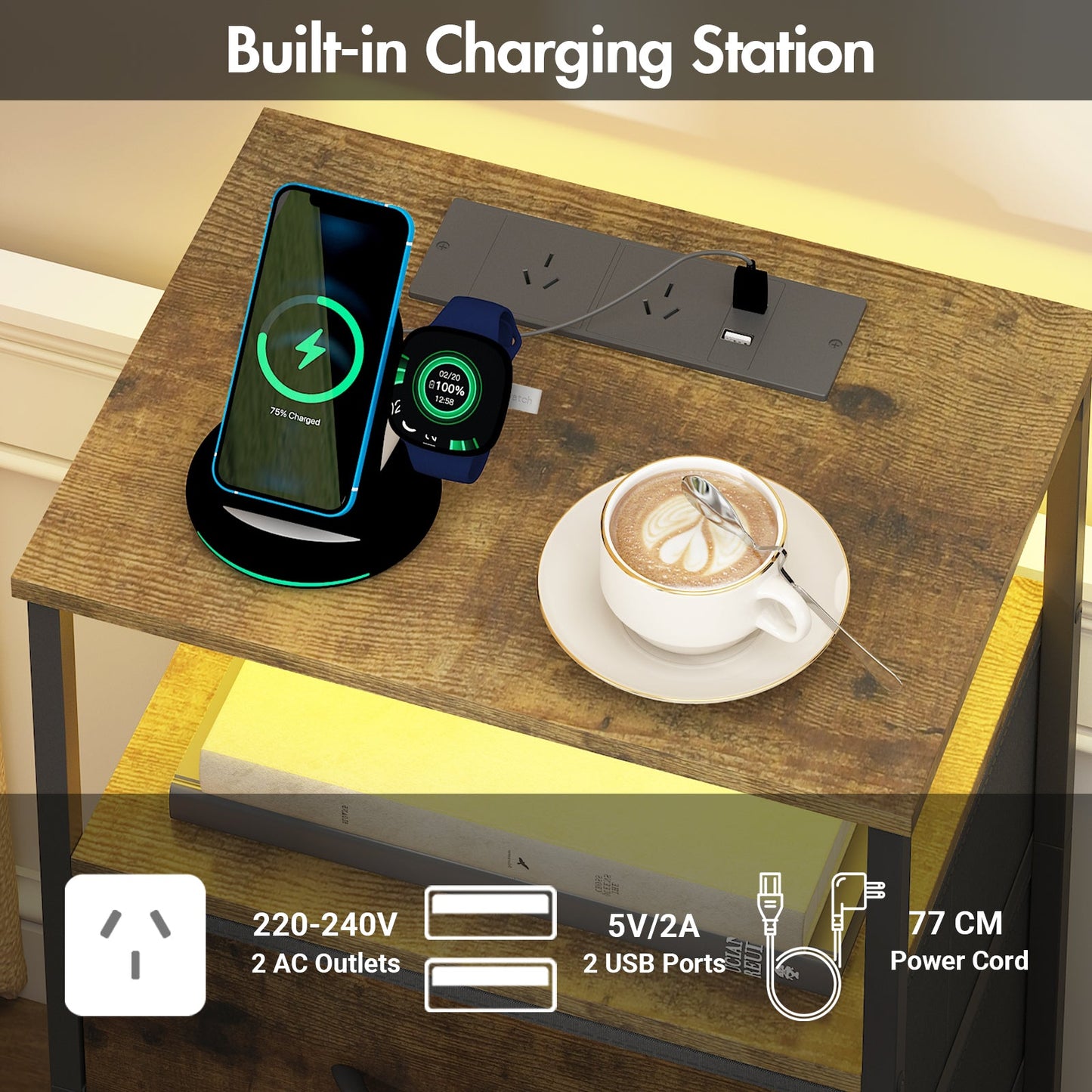 Advwin LED Bedside Table With Charging Station