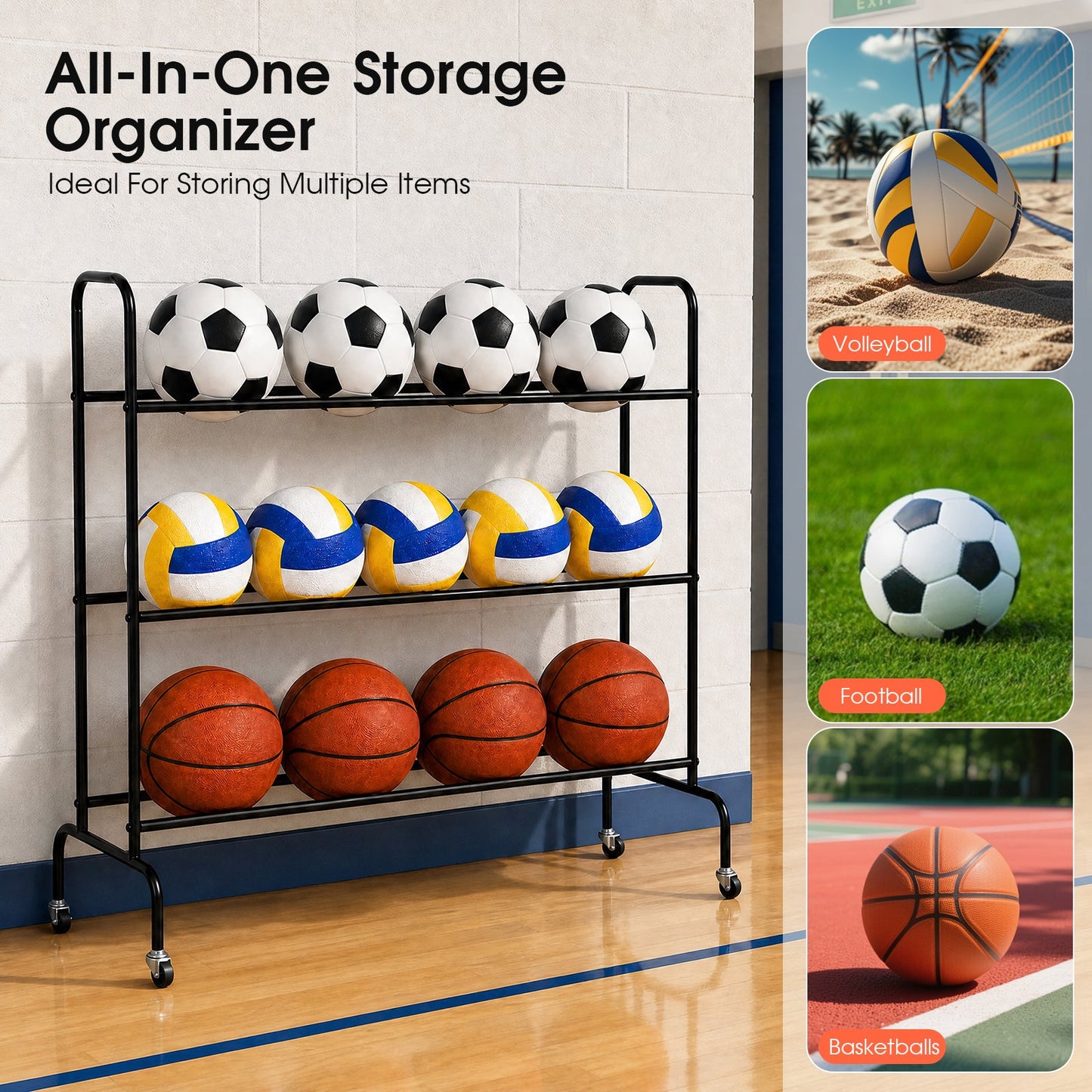 Advwin 3-Tier Basketball Rack Storage Holder w/ Wheels