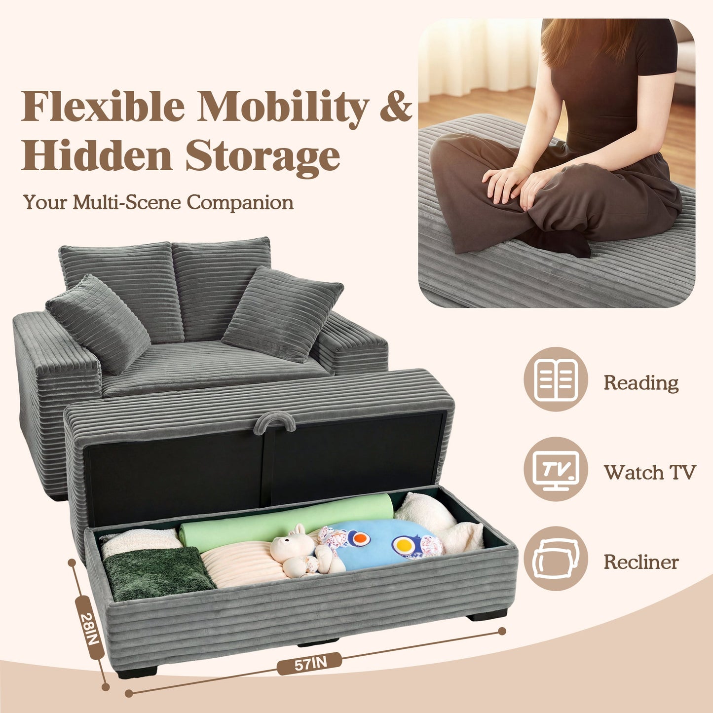 Advwin 146cm Chaise Lounge Chair with Storage Ottoman