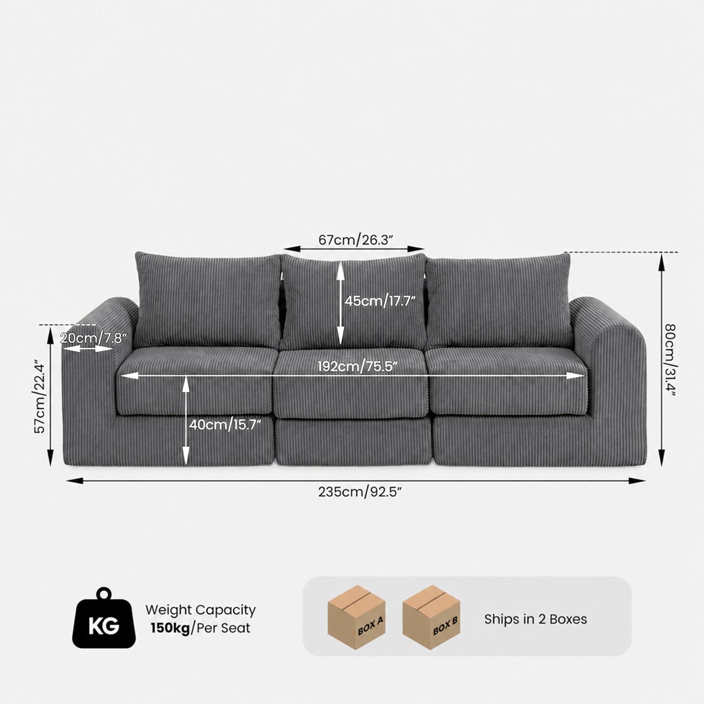 Advwin 235cm Corduroy 3-Seater Modular Sofa Bed