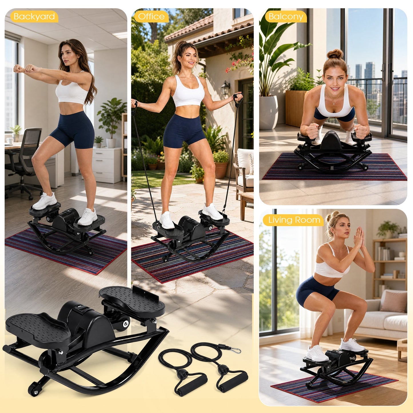 Advwin Side-To-Side Mini Stepper with Resistance Cords & Mat