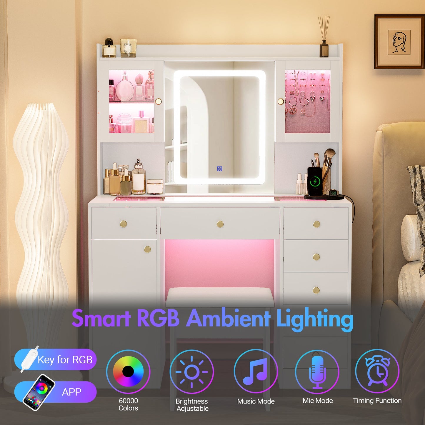 Advwin Dressing Table Set w/ Glass Desktop LED Light