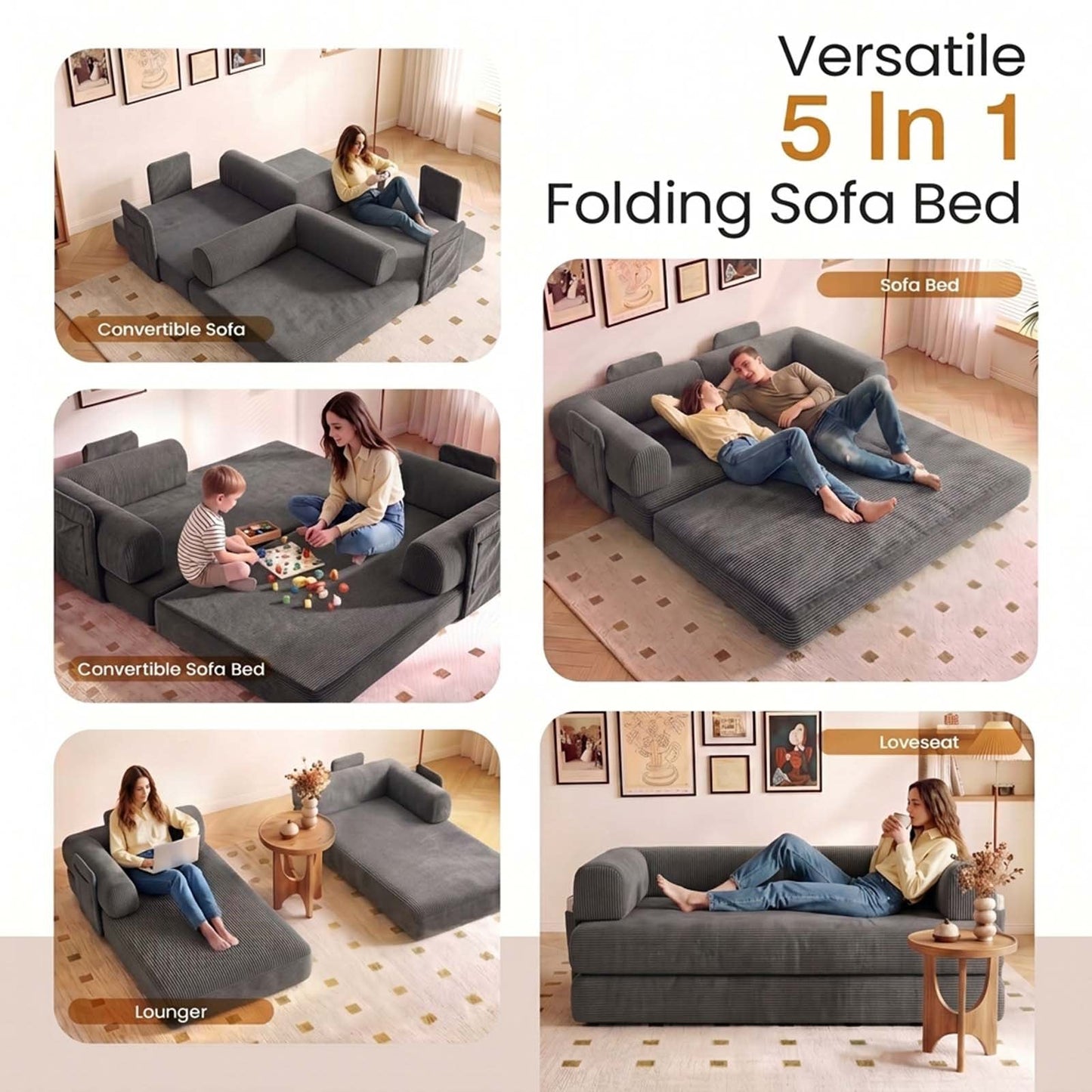Advwin 5-in-1 Convertible Folding Loveseat Sofa Bed
