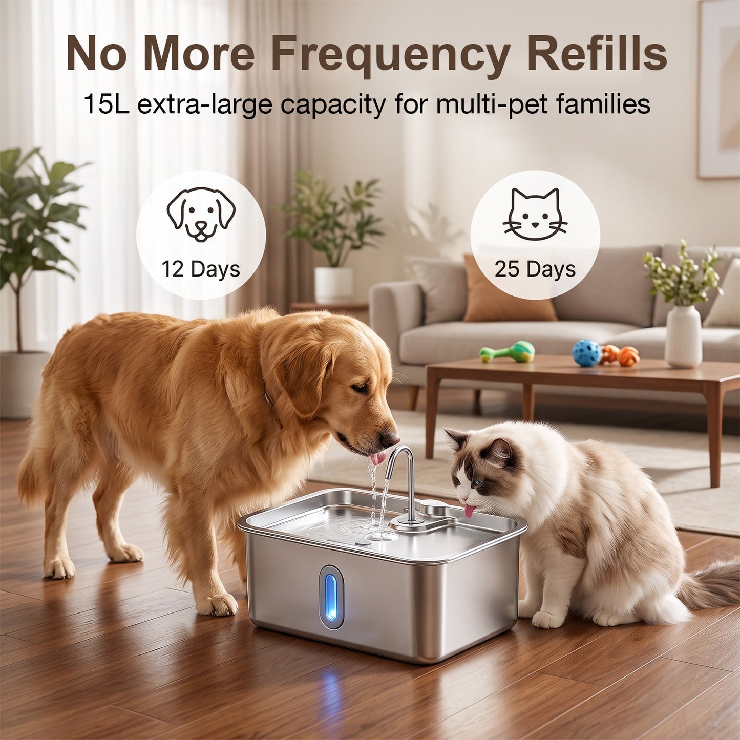 Advwin 15L Stainless Steel Dog Water Fountain w/ 6 Filters