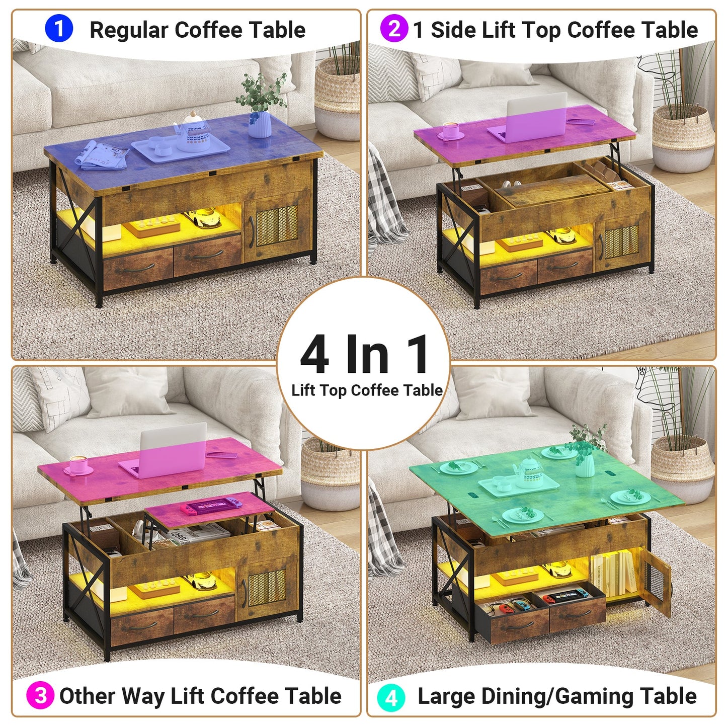 Advwin 4-in-1 LED Lift Top Coffee Table