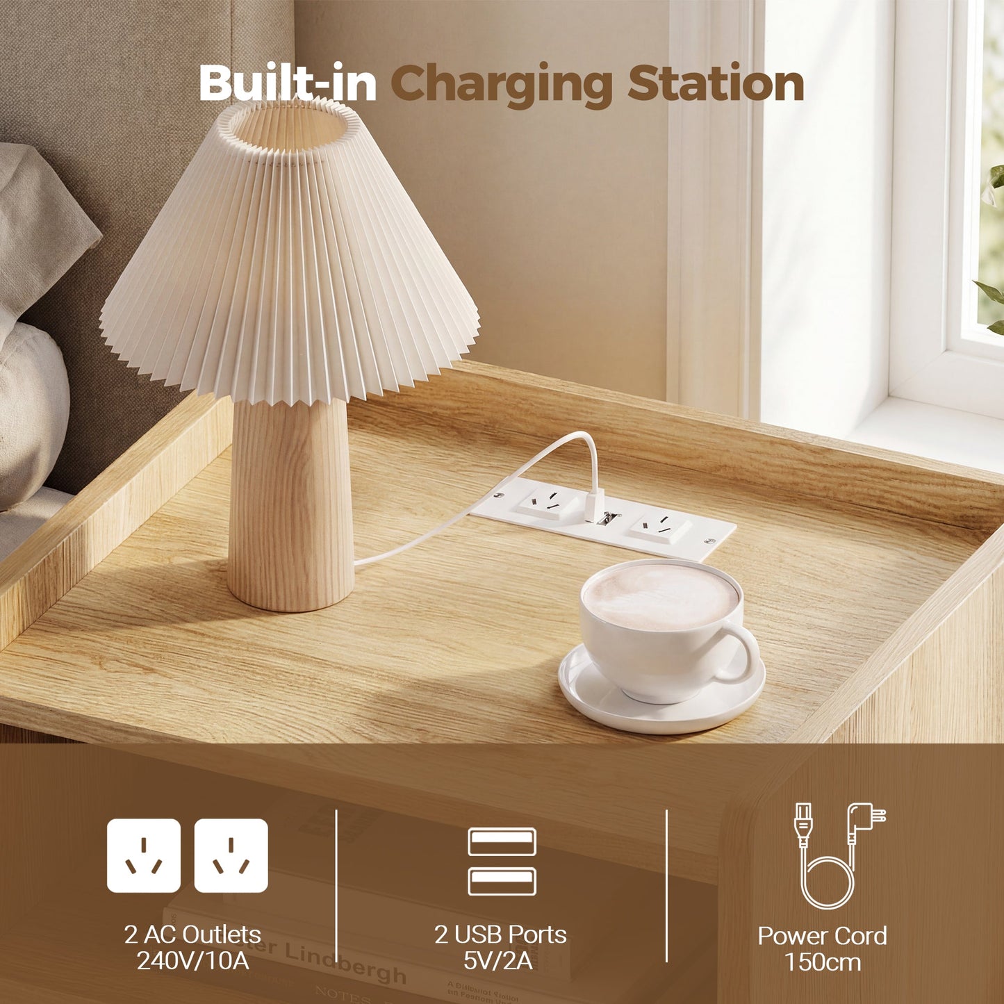 Advwin Bedside Table with Charging Station Nightstand