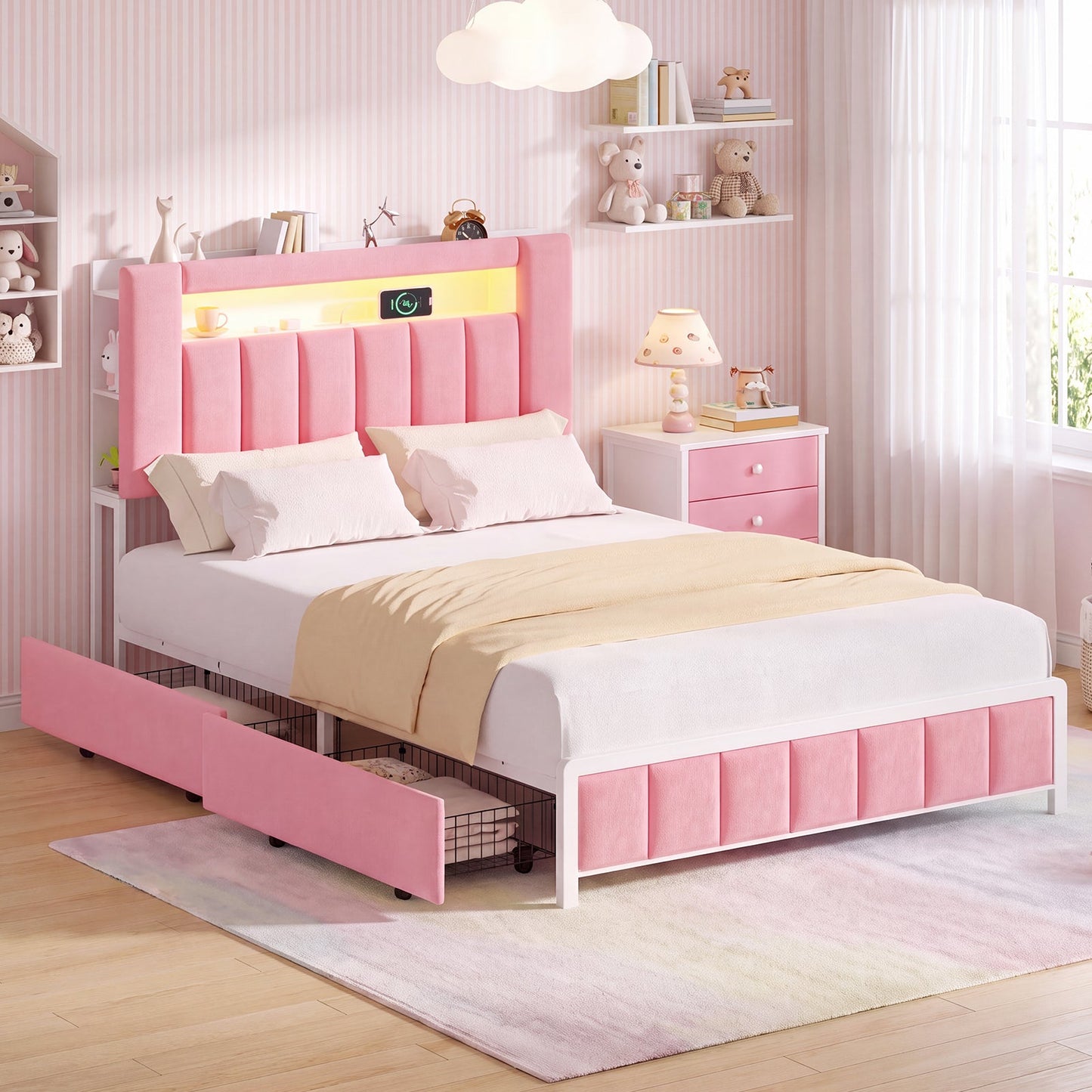Advwin Bed Frame with LED Shelves & Charging Station Pink