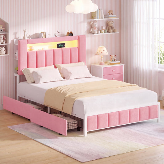 Advwin Bed Frame with LED Shelves & Charging Station Pink