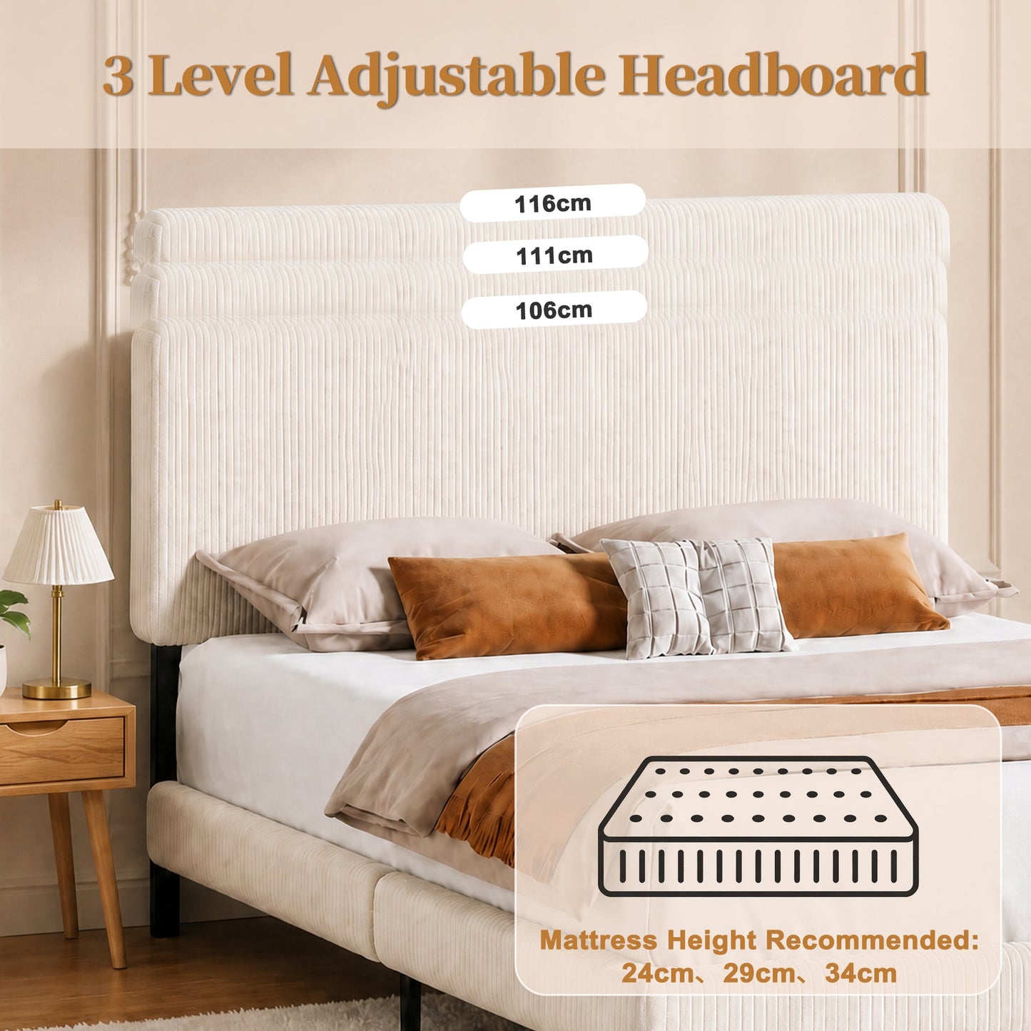 Advwin Upholstered Bed w/ Adjustable Headboard Beige