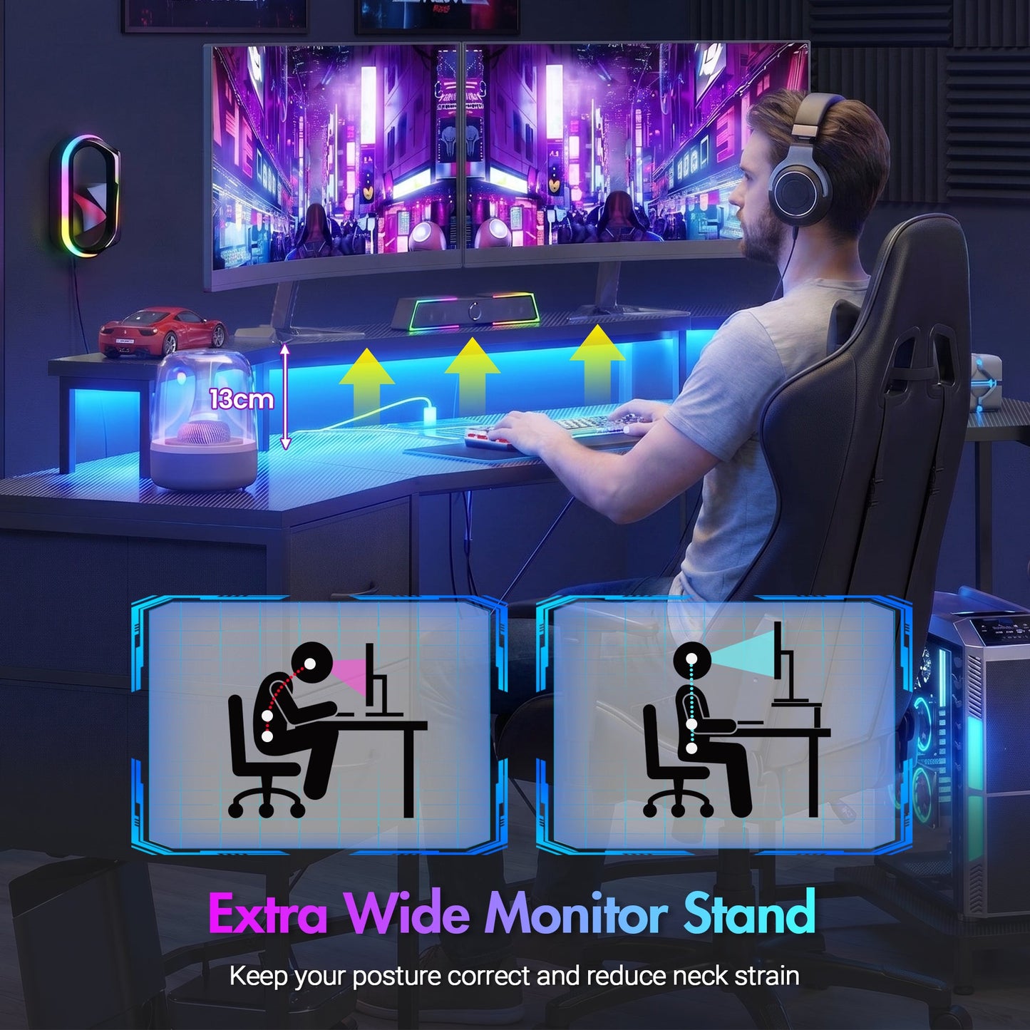 Advwin 185cm LED Gaming Desk w/ Monitor Stand Black