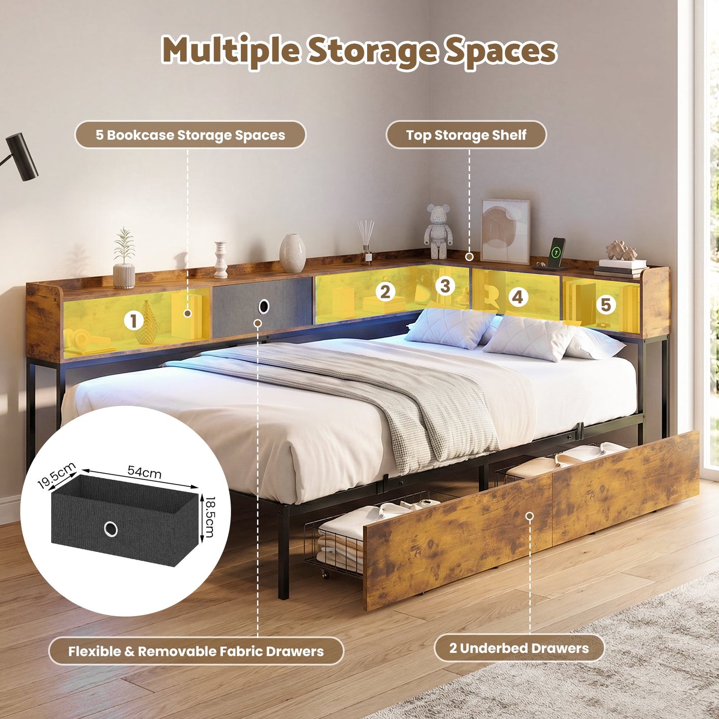 Advwin King Single Corner Bed Frame with Storage Drawers